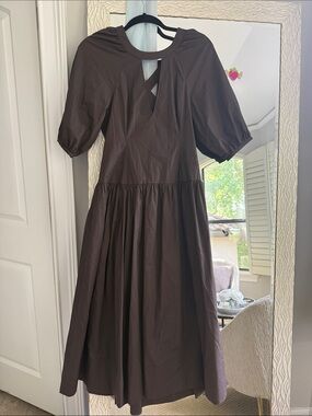 Twin-Set Brown Puff-Sleeve Midi Dress with Keyhole